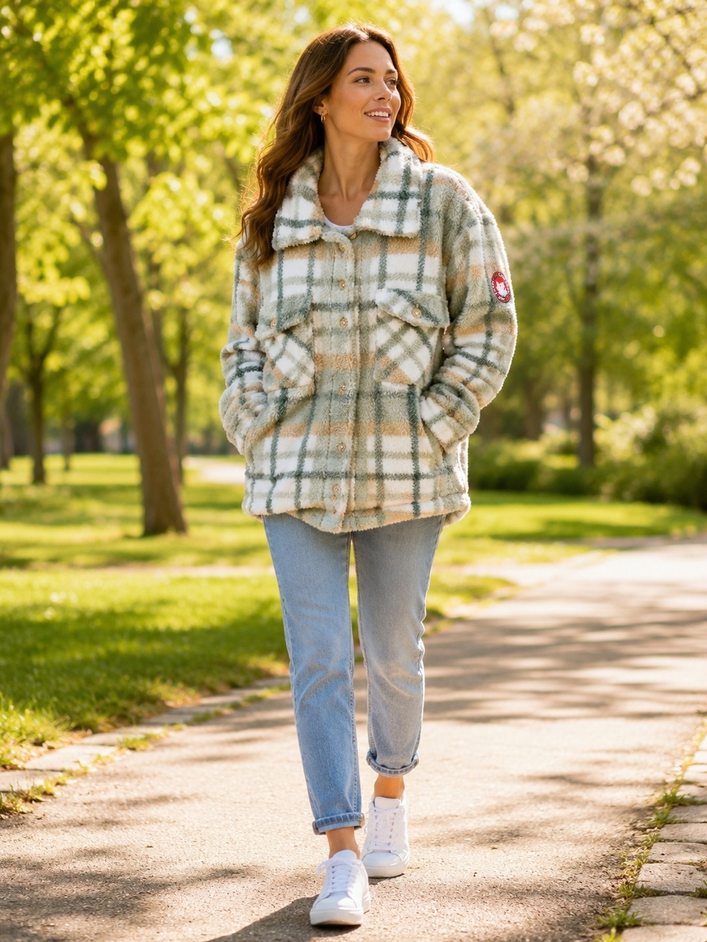 Canada Weather Gear Women's Plaid Teddy Shacket - Sage & Cream - Picture 2 of 7